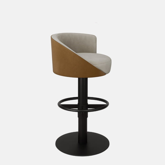 Two-tone Velvet 360° swivel bar stool with curved backrest in beige and brown, featuring a black powder-coated metal base — bespoke luxury counter stool design.