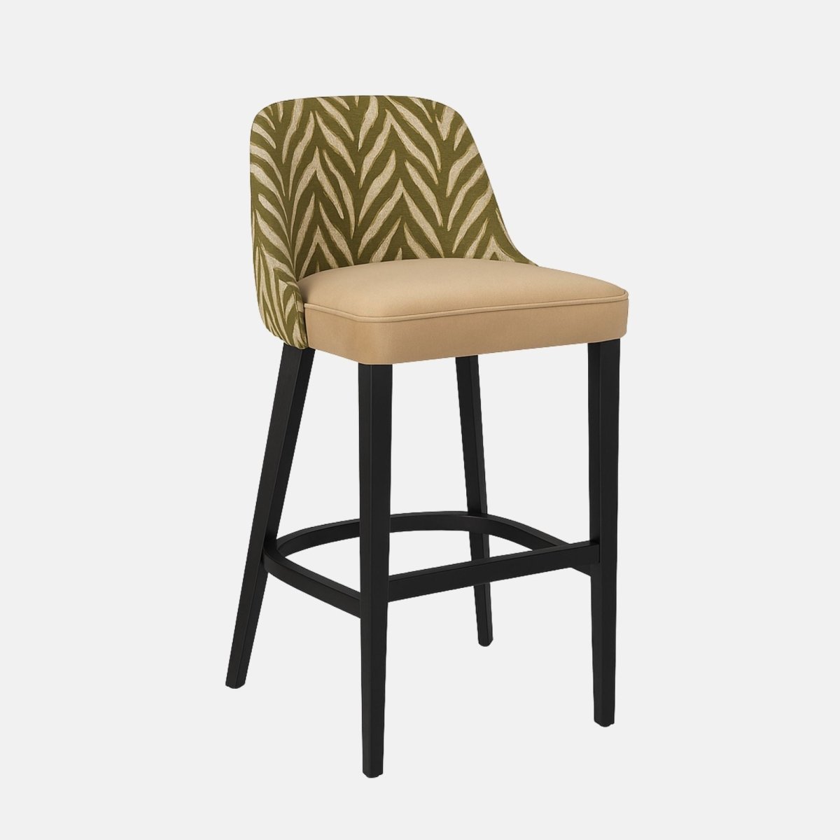 Modern bar stool with beige upholstered seat, green patterned backrest, and black wooden legs on a white background