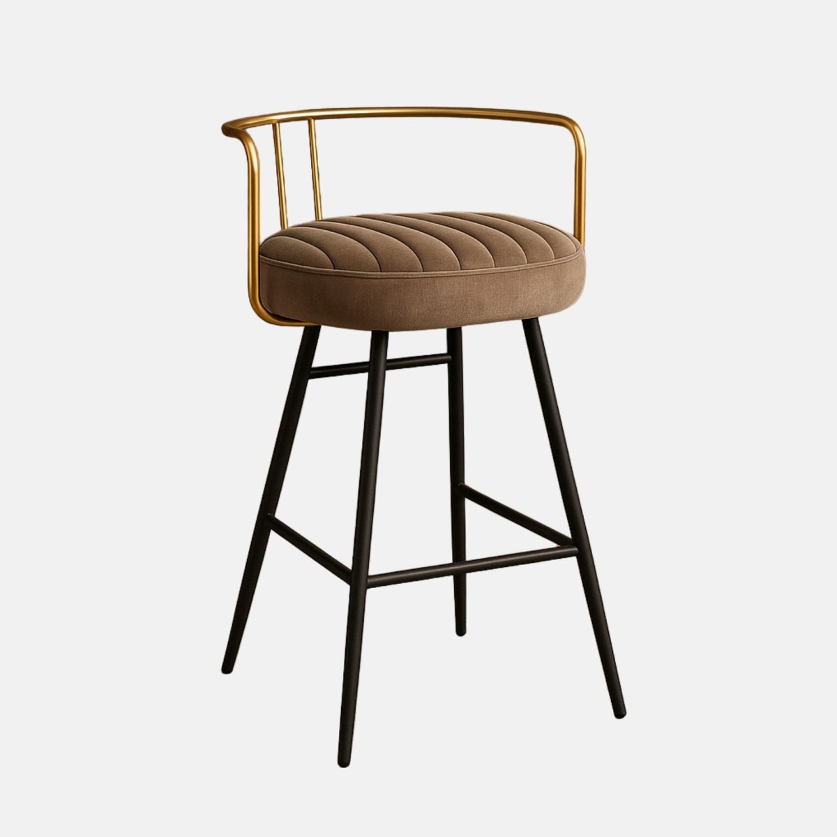 Modern bar stool with gold metal frame, brown upholstered seat, and black tapered legs with footrest