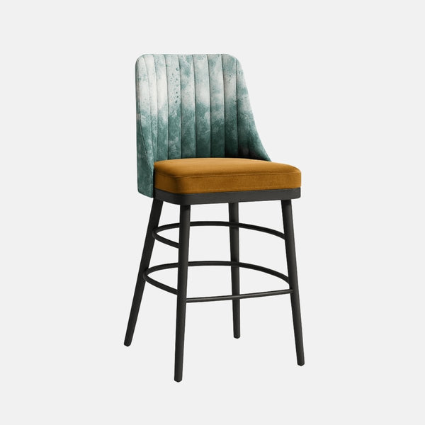 Contemporary upholstered bar stool with teal vertical-stitched backrest, mustard cushioned seat, and black wooden legs with circular footrest supports
