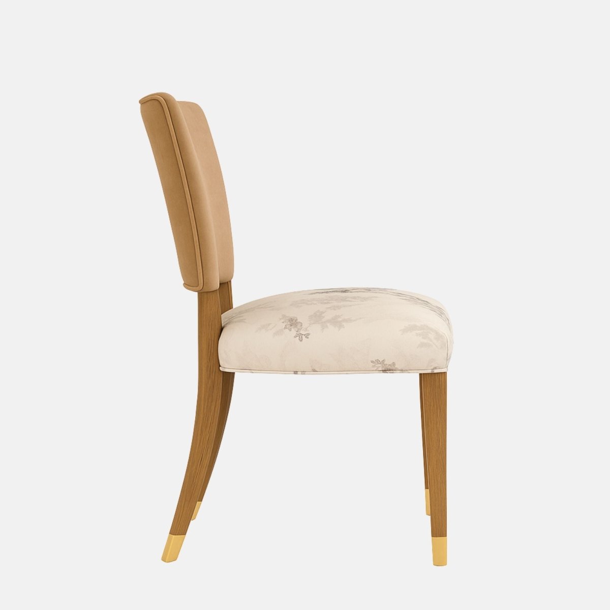 Upholstered dining chair with a cream fabric backrest and olive-green cushioned seat, featuring tapered wooden legs with brass-capped feet, shown on a white background