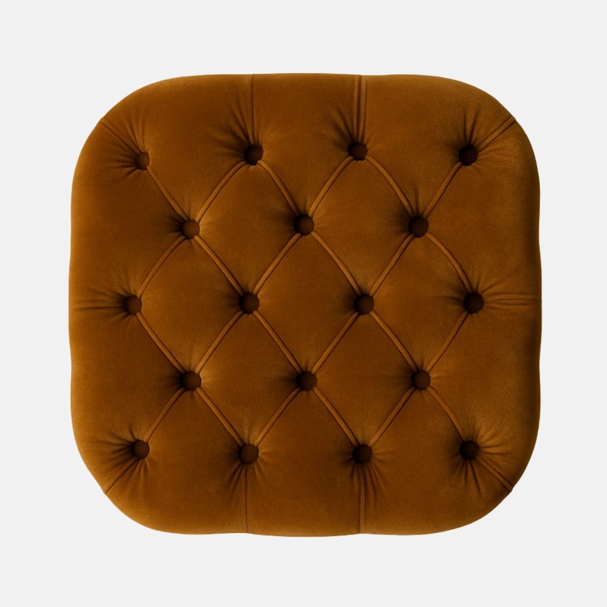 Mustard velvet tufted cube ottoman with deep button detailing and black base modern upholstered footstool or accent seat for living room, lounge, or hotel interiors.