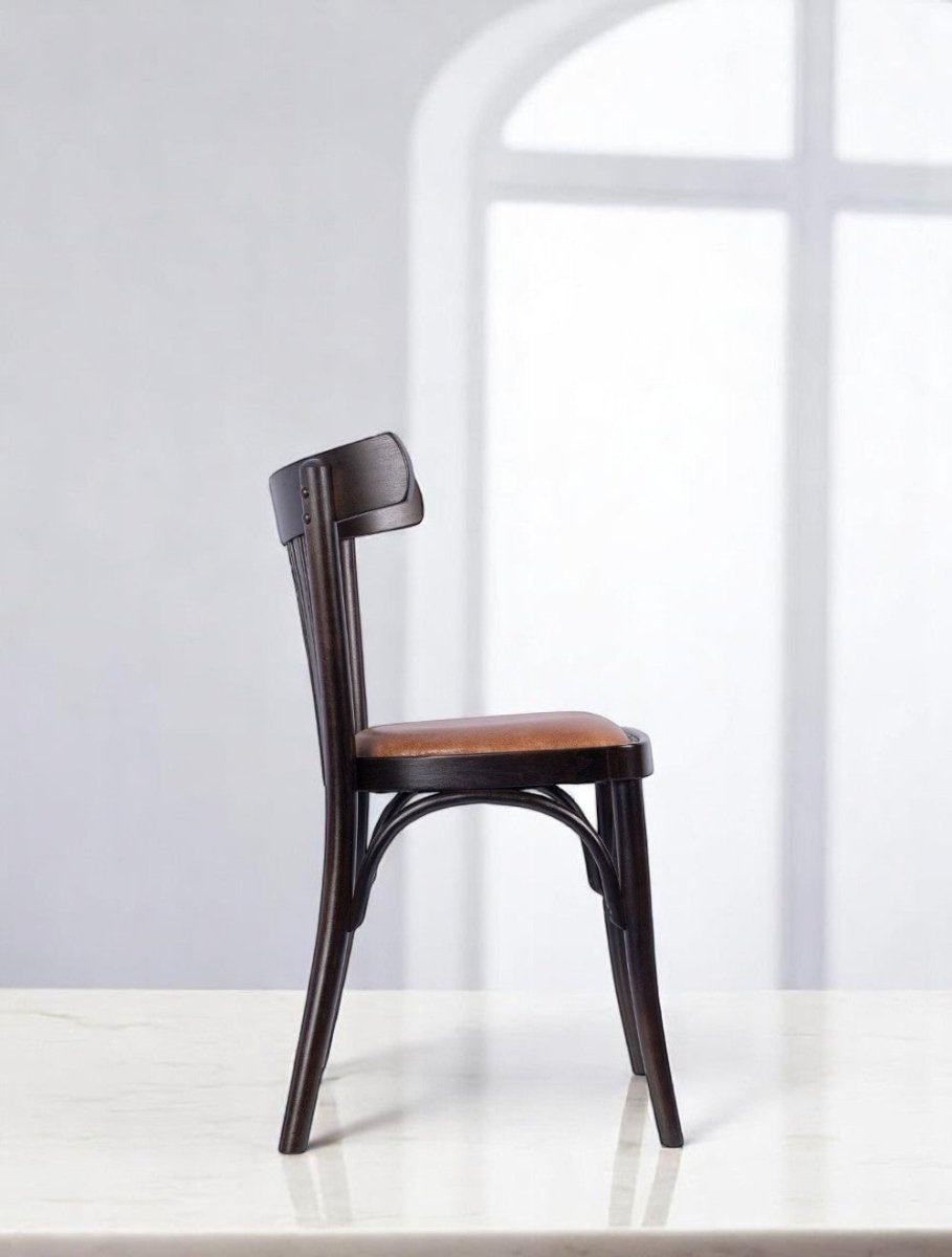 "Traditional chair with dark oak frame and upholstered seat"