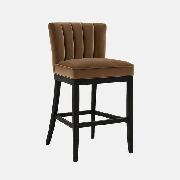 Elegant bar stool with brown upholstered channel-tufted backrest, cushioned seat, and sleek black wooden frame with footrest support