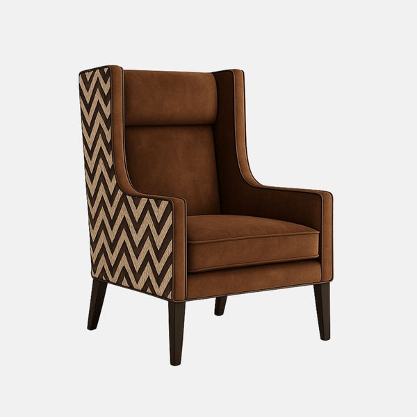Elegant wingback armchair with brown upholstered seat and backrest, chevron-patterned fabric on the outer sides, and dark wooden legs.