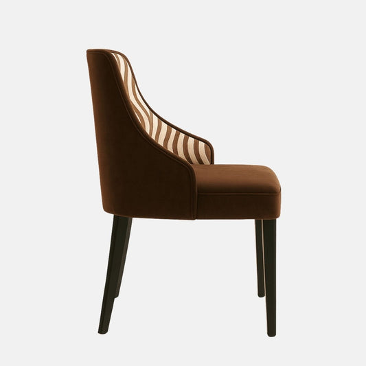 A modern accent chair with dark wooden legs, brown velvet seat, and a backrest upholstered in a beige and brown wavy patterned fabric