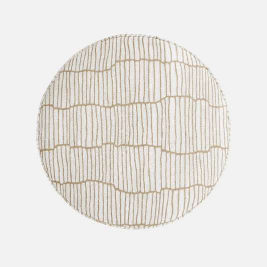 Moderní Pouffe with light brown linear patterned fabric and dark wood base – handmade cylindrical pouffe, versatile as seat, footrest, or accent