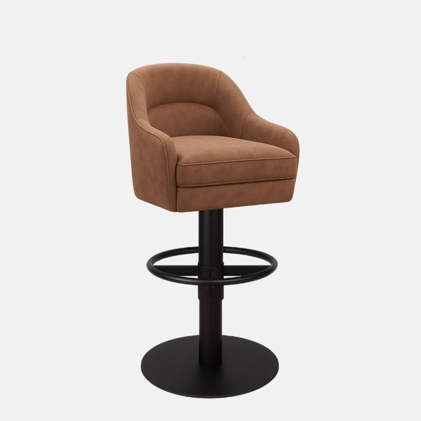 Brown upholstered bar stool with curved backrest, cushioned seat, and black pedestal base with circular footrest.