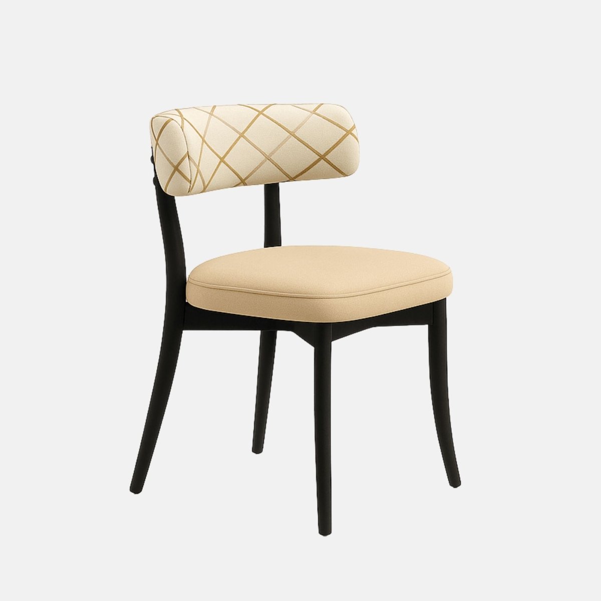 A modern dining chair with a sleek black wooden frame, a cushioned beige fabric seat, and an off-white upholstered backrest featuring a subtle gold diamond pattern. The chair has a curved back support and tapered legs, photographed from a straight side angle against a neutral background.