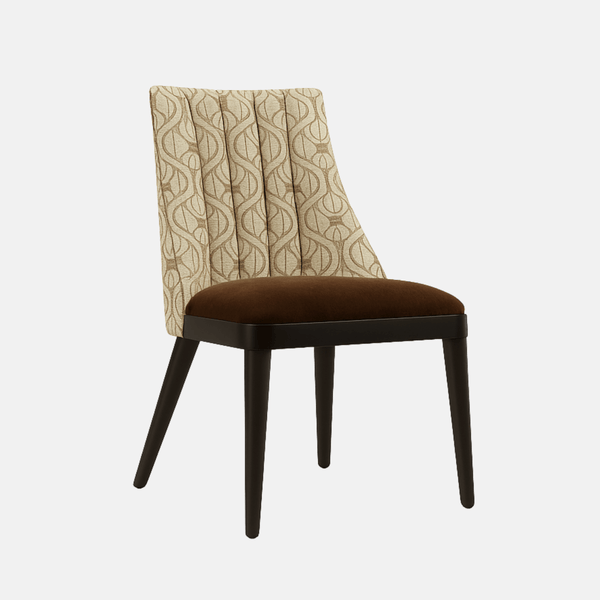 Modern dining chair with a patterned beige upholstered backrest, brown cushioned seat, and dark wooden legs.
