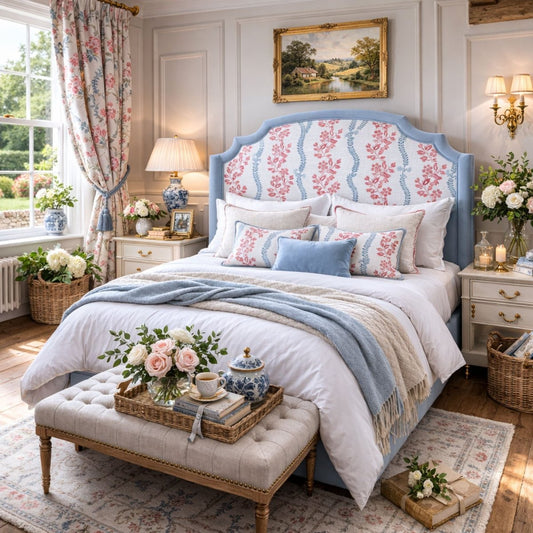 Cozy bedroom featuring a scalloped blue upholstered headboard with floral pattern, styled with layered bedding, decorative pillows, and classic country-style decor.