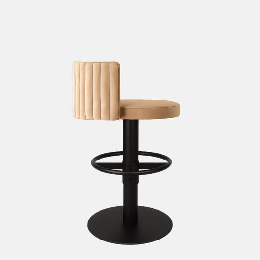 Beige velvet 360° swivel bar stool with fluted curved backrest and black powder-coated metal base