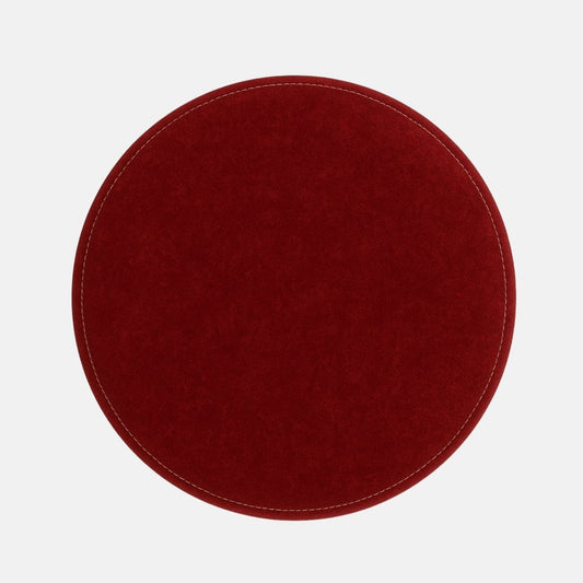 Red velvet round stool with gold metal base and contrast stitching modern upholstered ottoman or accent seat for living room, bedroom, or hotel lounge.