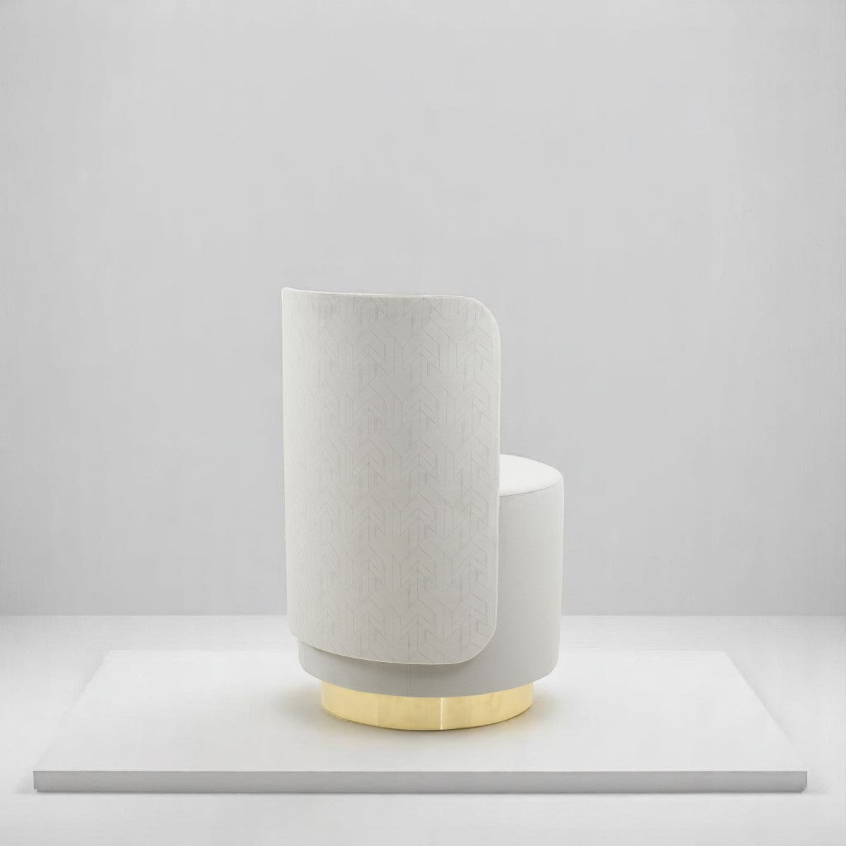 alt="Chic white pouffe with curved backrest and polished gold base, ideal for upscale interiors"