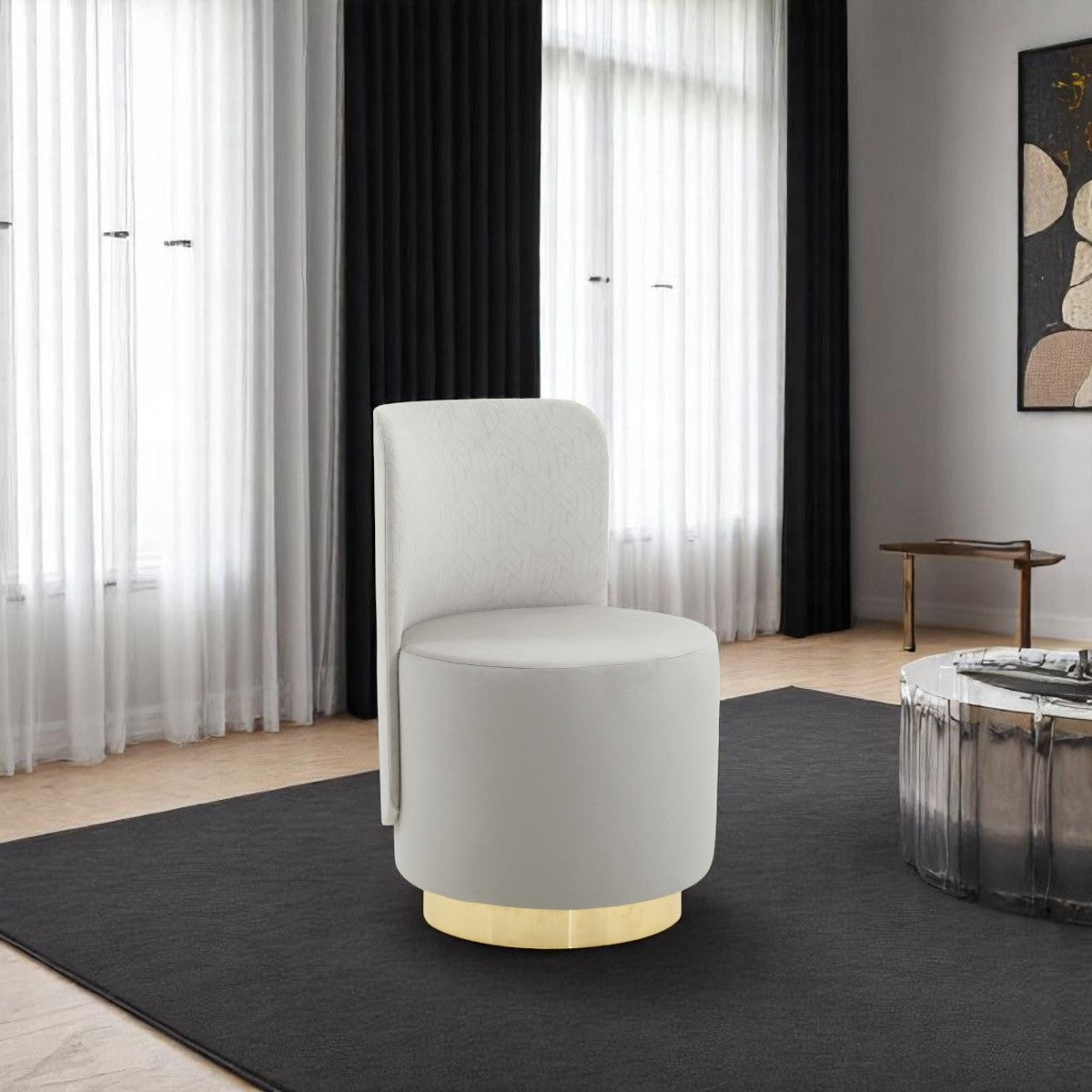 alt="Elegant white luxury pouffe with soft cushioning, backrest, and a sleek gold base"