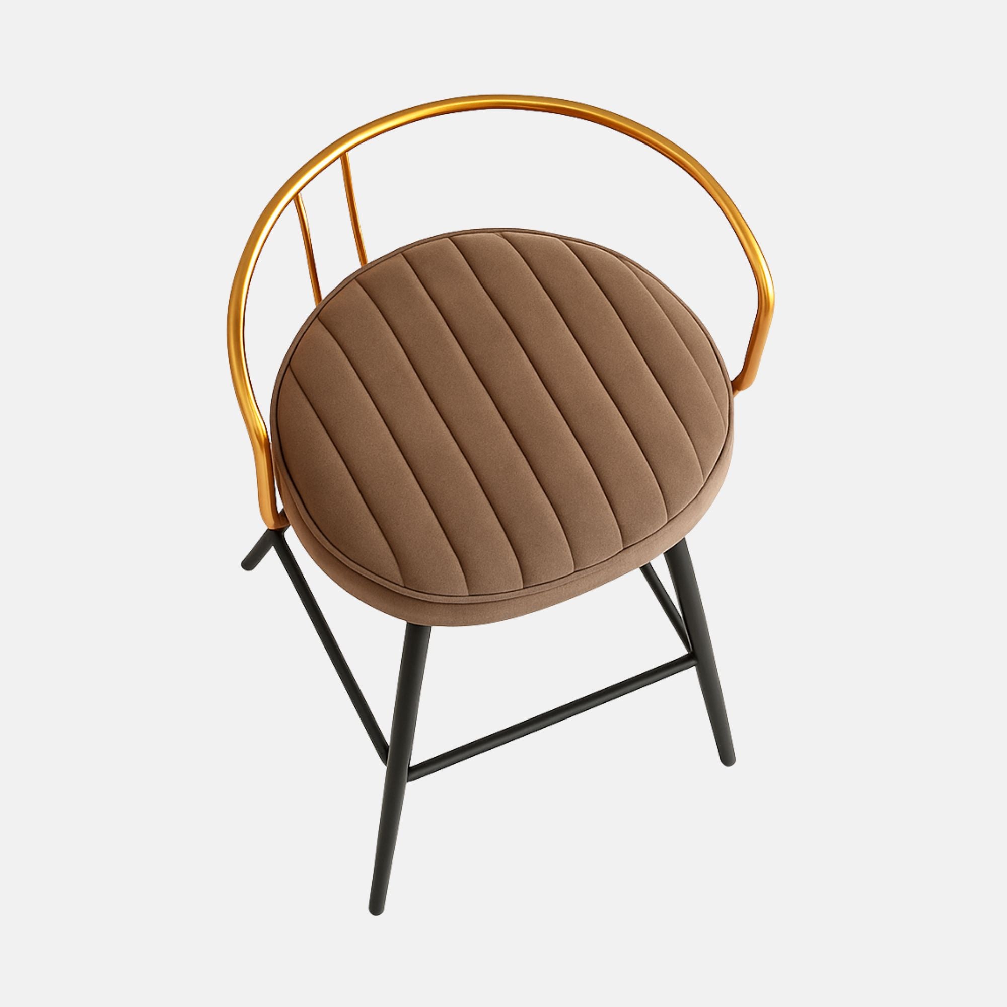 Modern bar stool with gold metal frame, brown upholstered seat, and black tapered legs with footrest