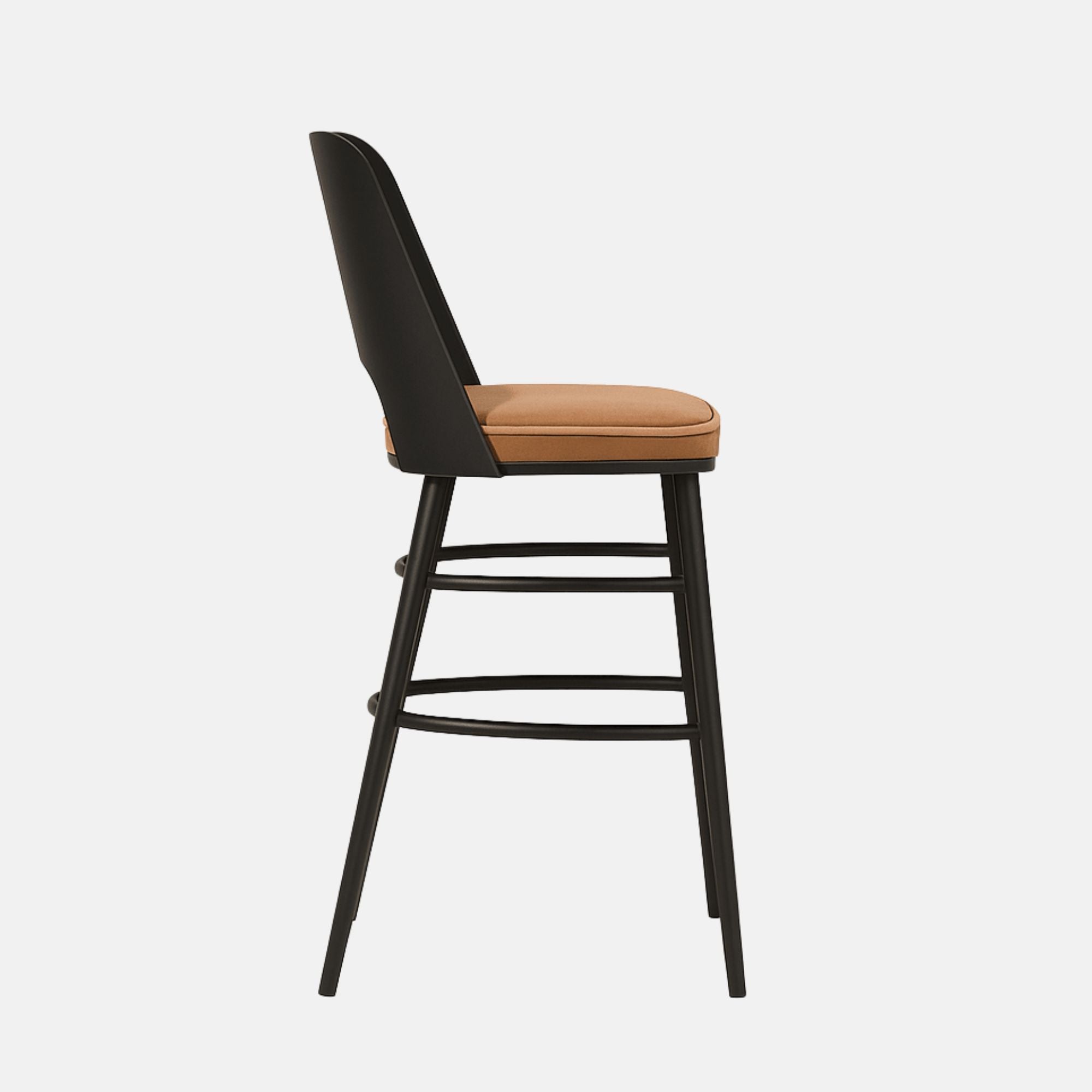 Modern bar stool with a curved black wooden backrest, tan upholstered cushioned seat, and slim black legs with double footrests.
