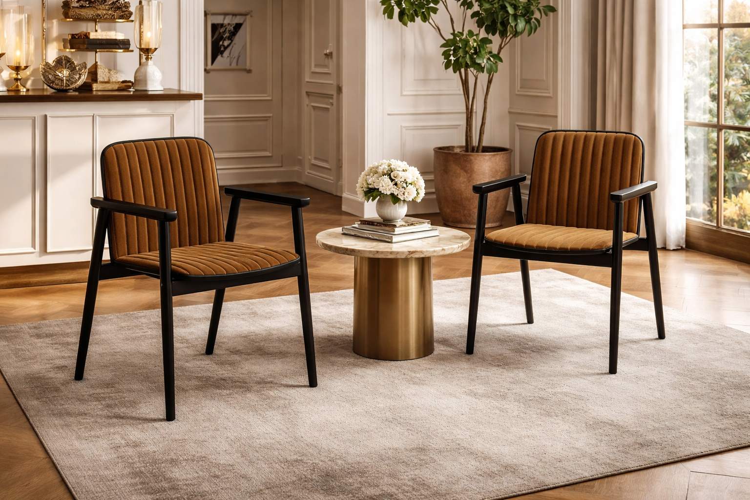 Mid-century style lounge chairs in warm brown upholstery with black frames, paired with a round marble-top side table and floral arrangement in an elegant, light-filled living room.