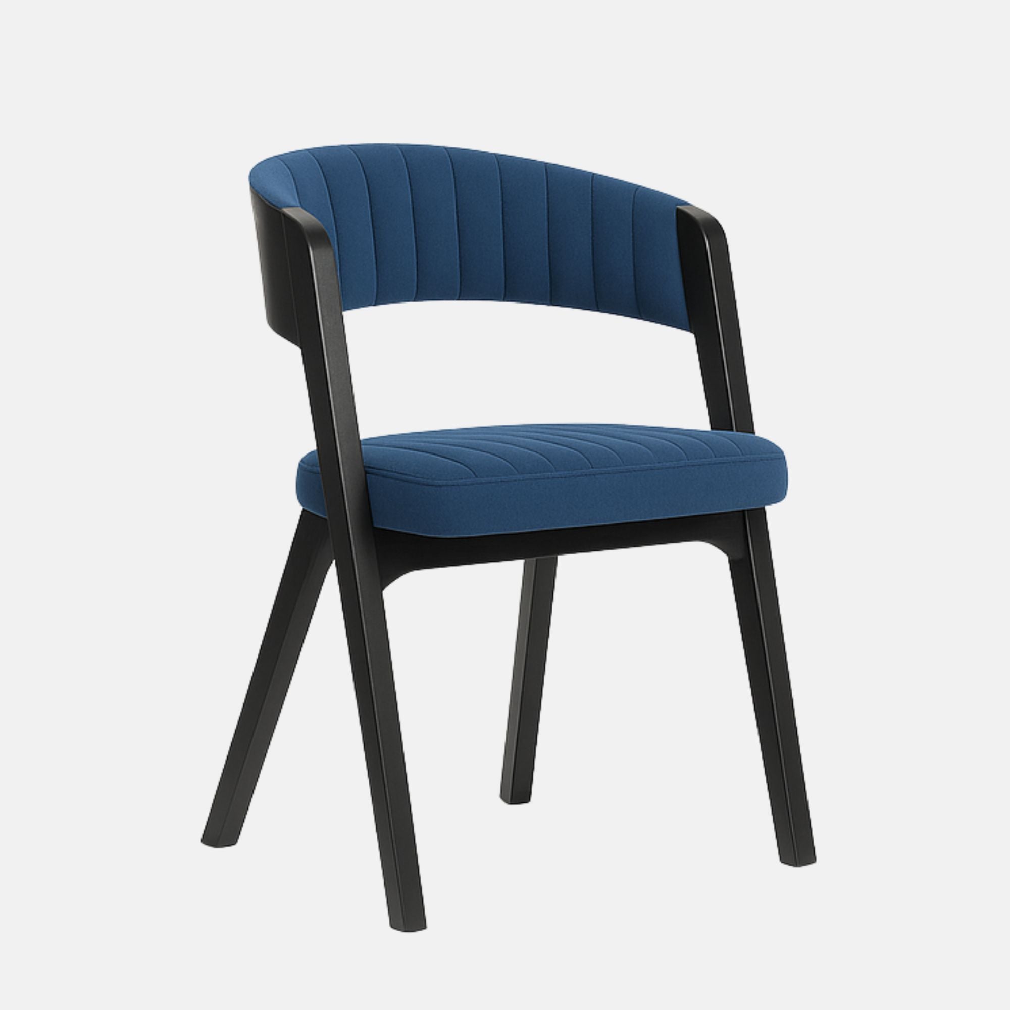 Modern dining chair with a curved open-back design, upholstered in blue fabric with vertical stitching, and supported by a black wooden frame and legs, set against a light grey background