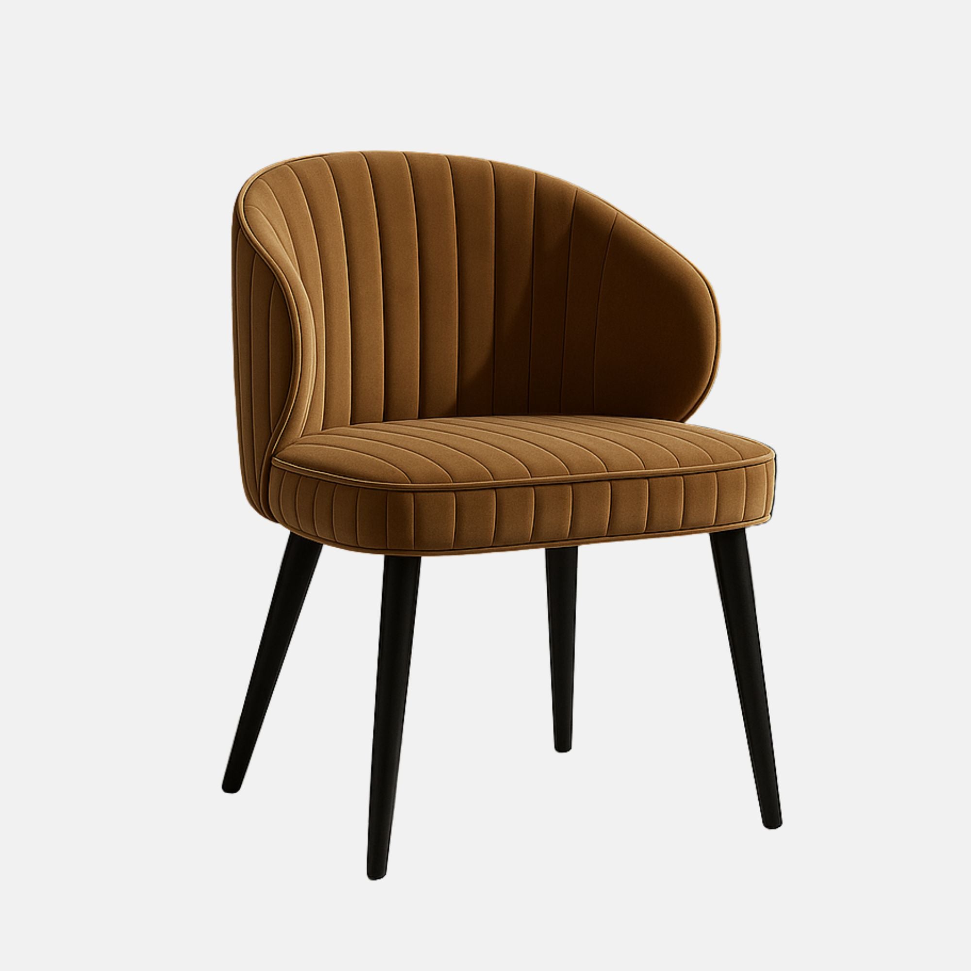Contemporary accent chair with curved backrest, upholstered in caramel brown velvet with vertical channel tufting, and supported by slim black wooden legs.