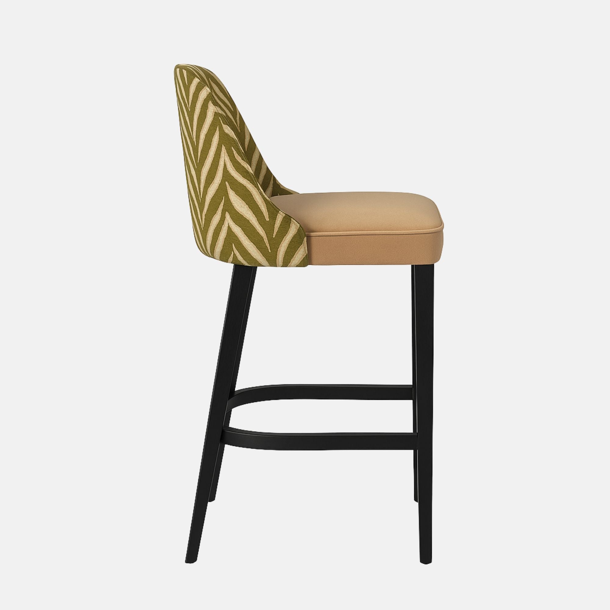 Side view of a modern bar stool with beige cushioned seat, green patterned fabric backrest, and black wooden legs on a white background.