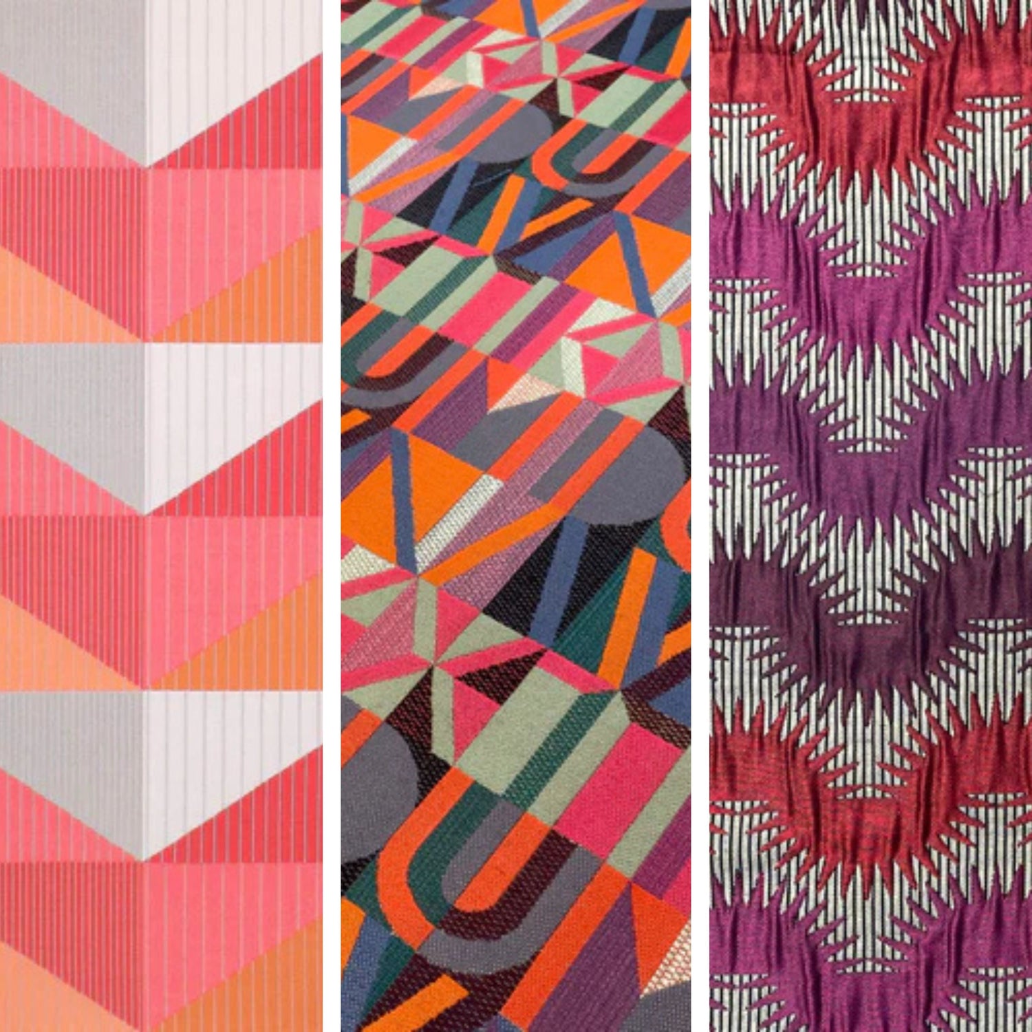 Bold geometric and ikat-style designer fabrics in pink, orange, purple and grey modern woven textiles for bespoke furniture and handmade chairs.