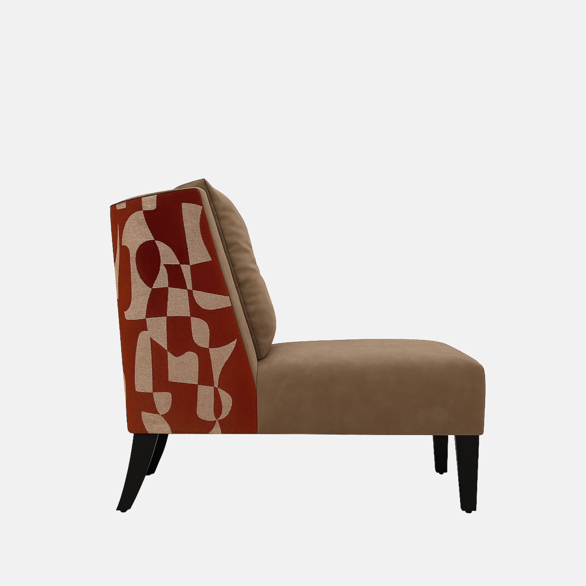 Low-profile armless lounge chair with taupe upholstery, a button-tufted back cushion, black legs, and a patterned red and beige fabric on the outer back