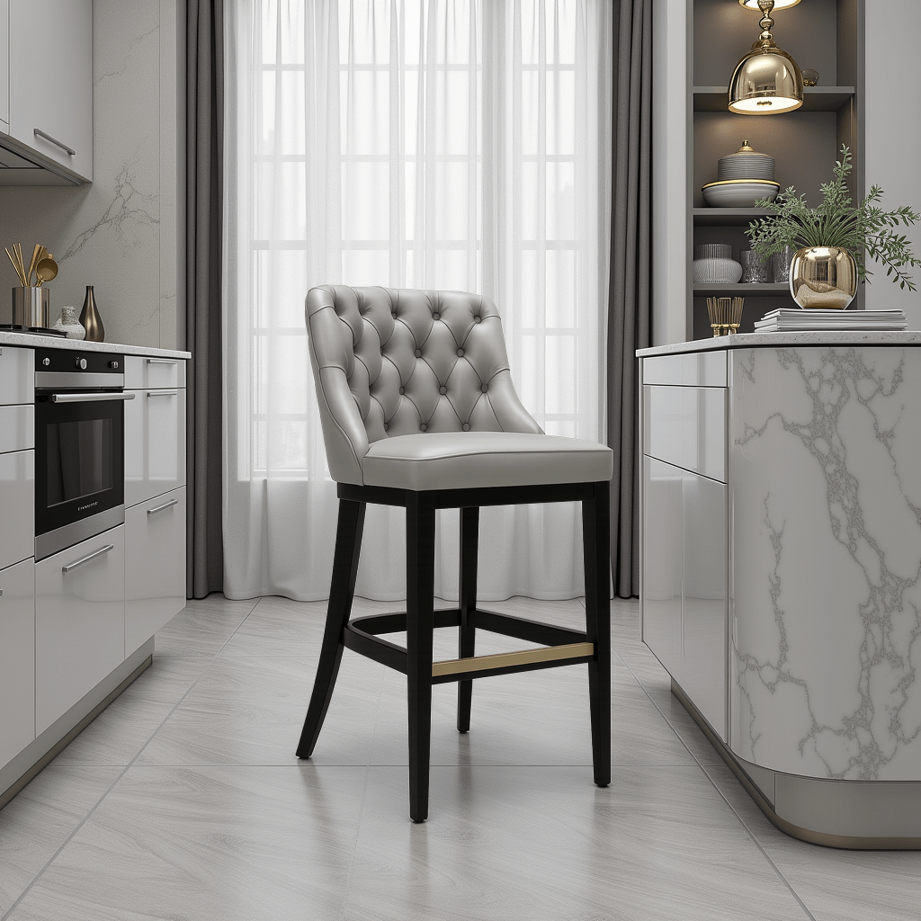 Elegant modern kitchen with marble accents featuring a tufted Gary bar stool with dark wooden legs centred on a light tile floor.