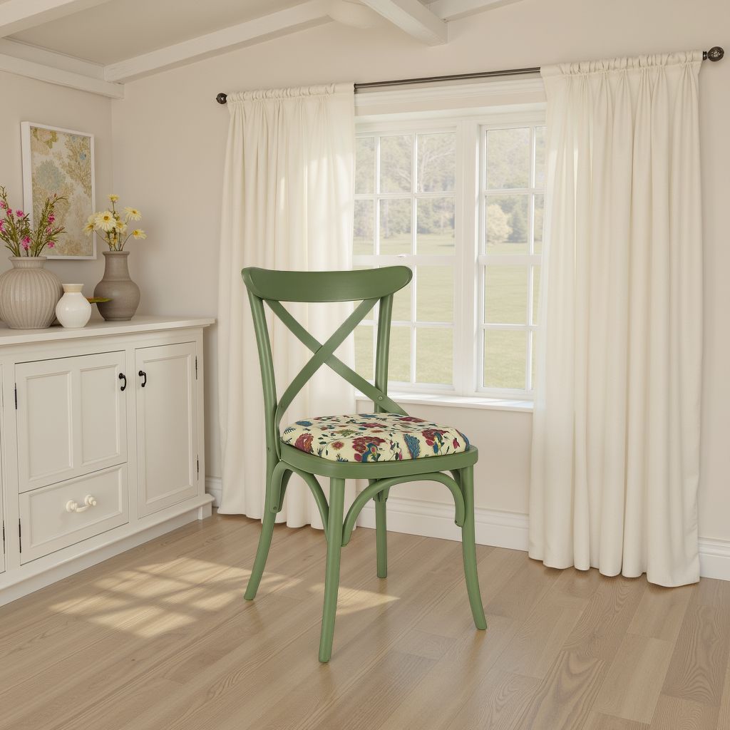 Green wooden dining chair with cross-back design and floral upholstered seat in a bright country-style room with white curtains and wooden floor