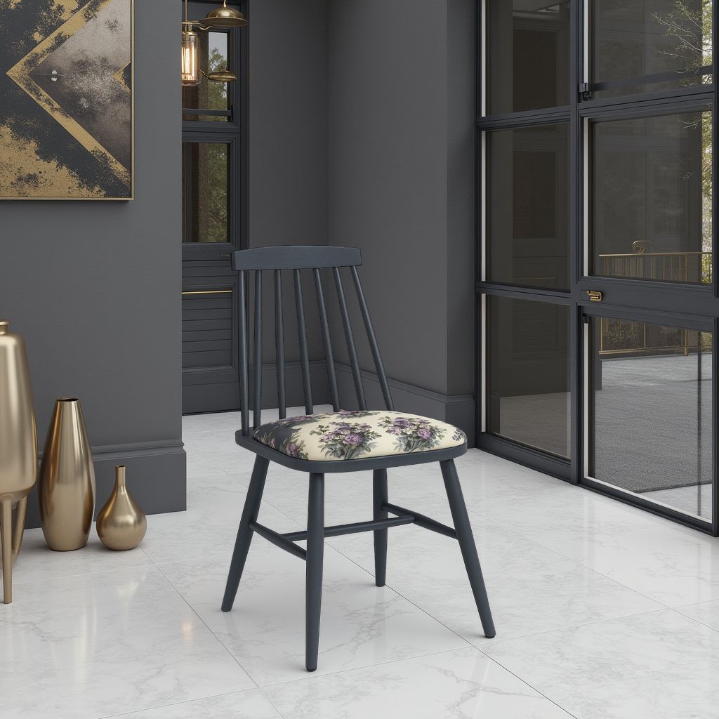 Elegant dark wood dining chair with a floral-upholstered seat, set in a modern room with large windows and decorative gold vases.
