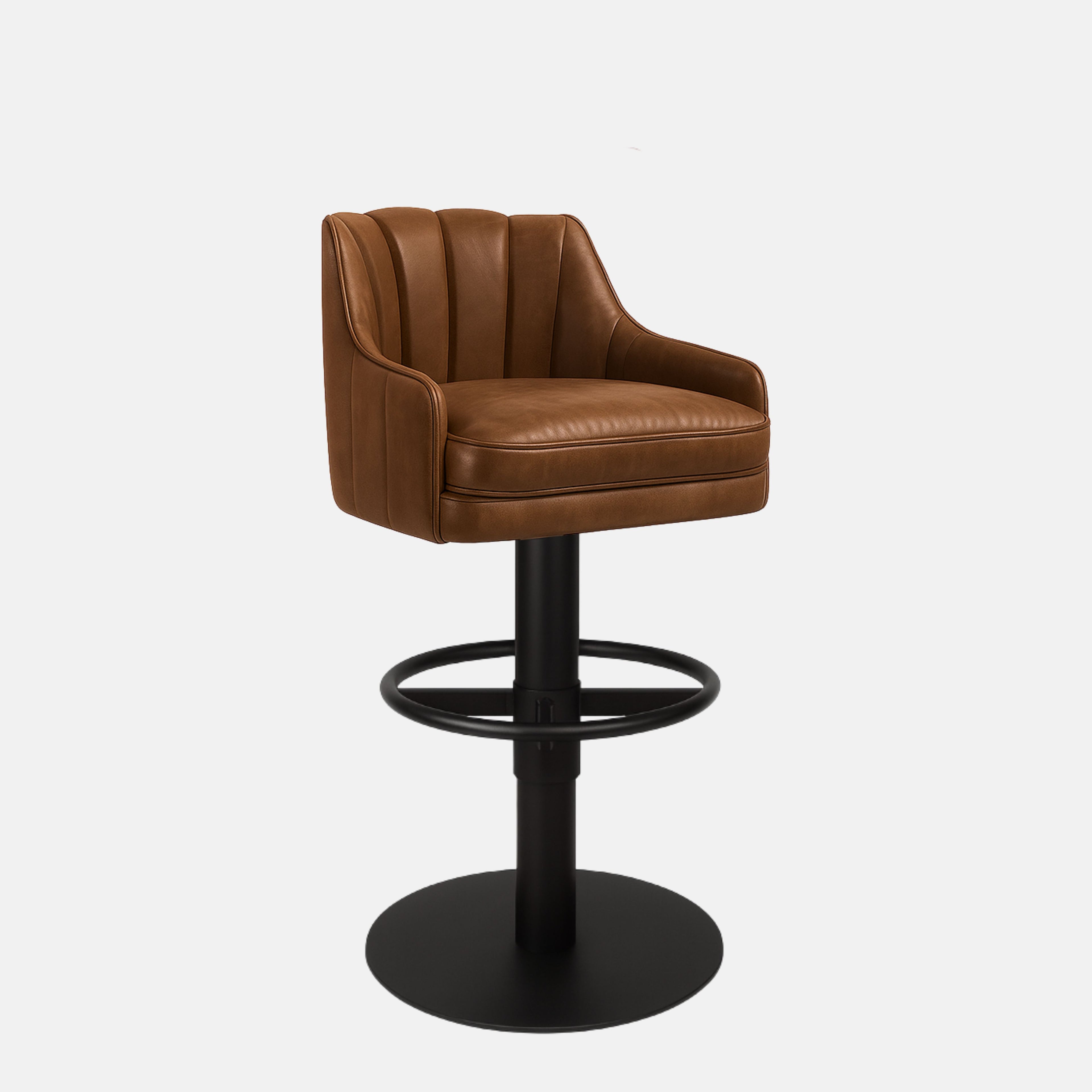 Brown leather bar stool with channel-tufted backrest, cushioned seat, and black pedestal base with circular footrest.