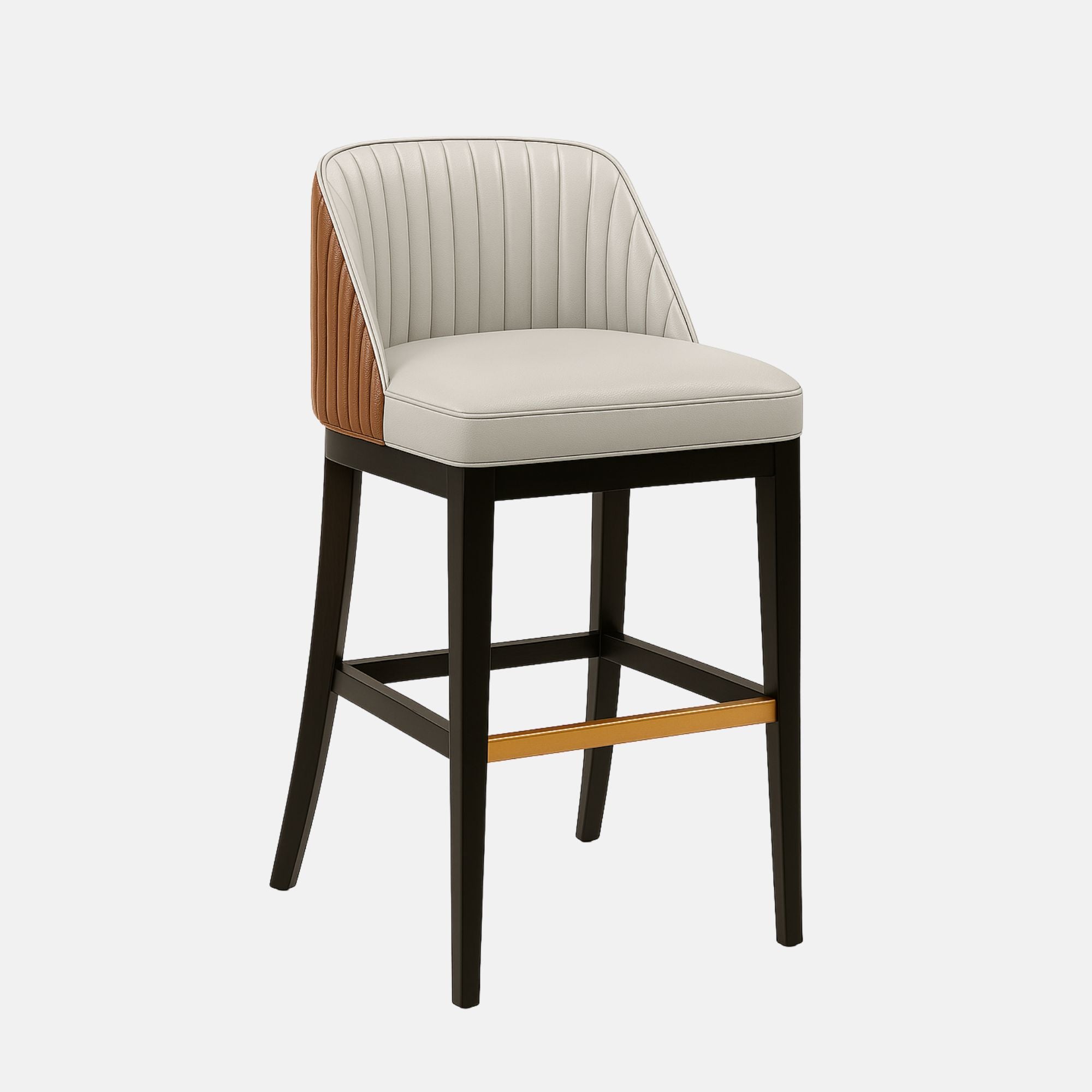 Modern bar stool with a curved, upholstered backrest in light beige leather and vertical stitching. The outer back is covered in tan fabric, and the seat is cushioned in matching beige. It features a dark wooden frame with a footrest accent in a warm wood tone.