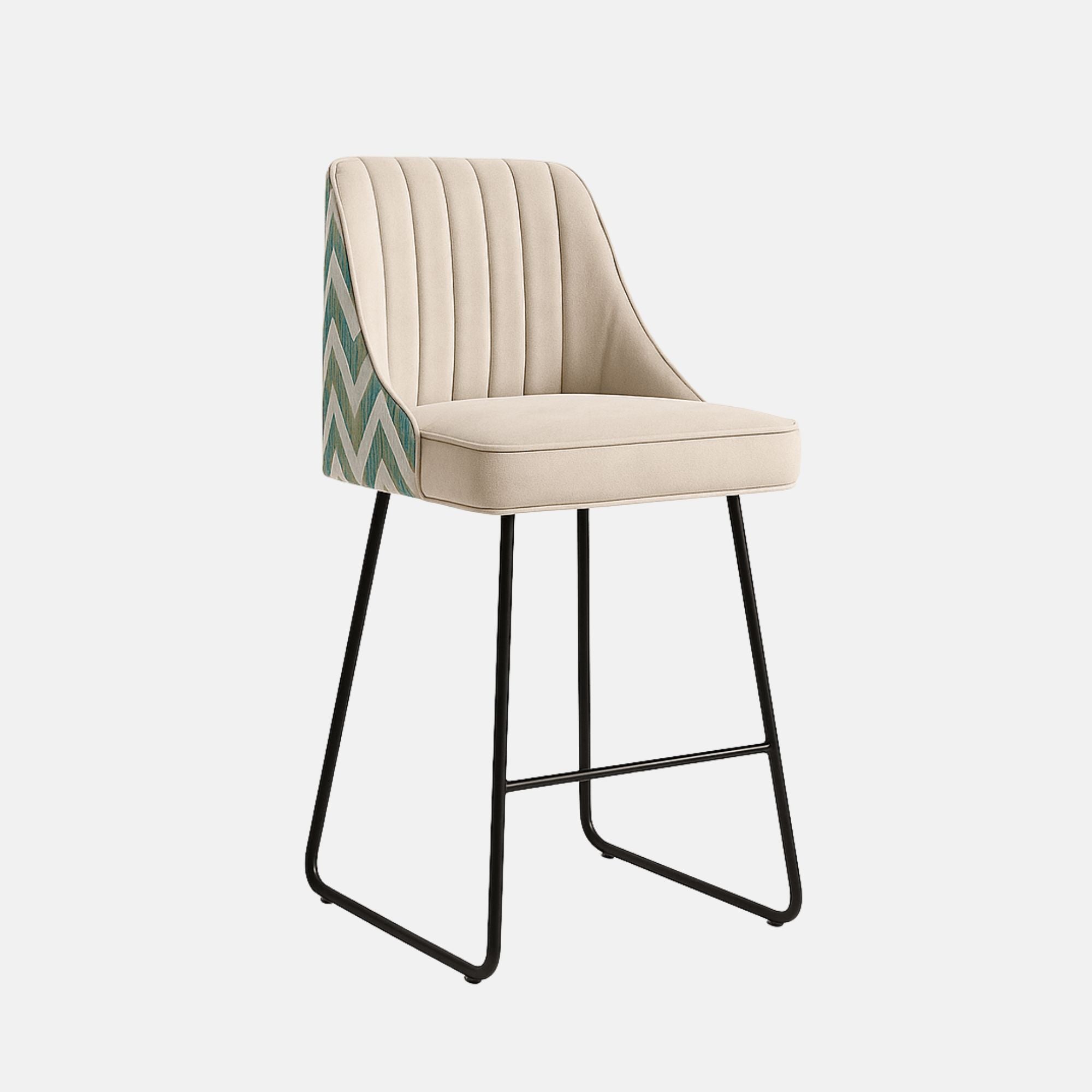A modern bar stool featuring a cream velvet upholstered seat with vertical stitching, complemented by a chevron-patterned fabric on the backrest sides and supported by sleek black metal legs.