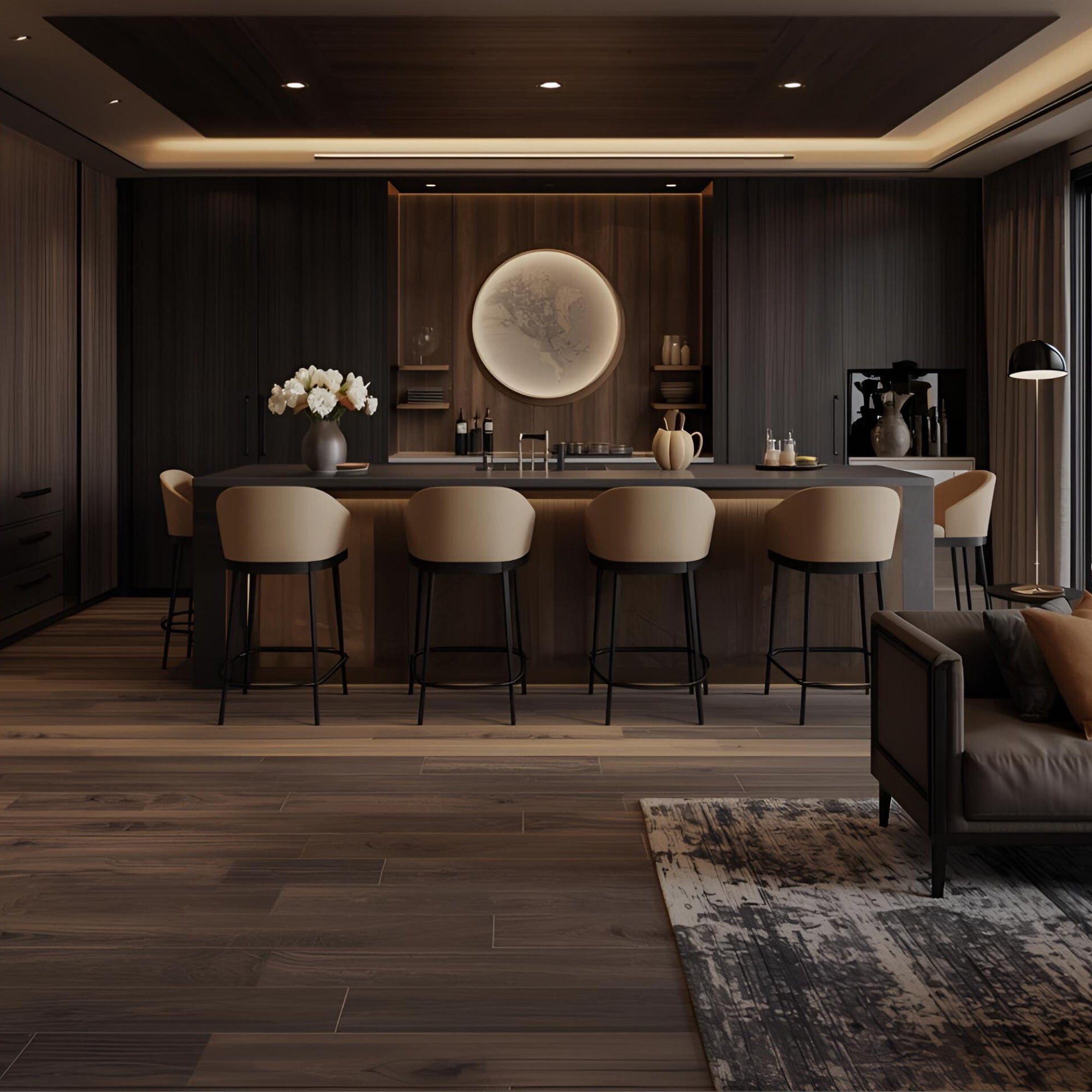 Sophisticated modern bar and kitchen area with dark wood cabinetry and warm ambient lighting. A sleek island with beige upholstered bar stools is accented by a circular backlit wall feature and decorative vases, creating an elegant and cozy atmosphere.