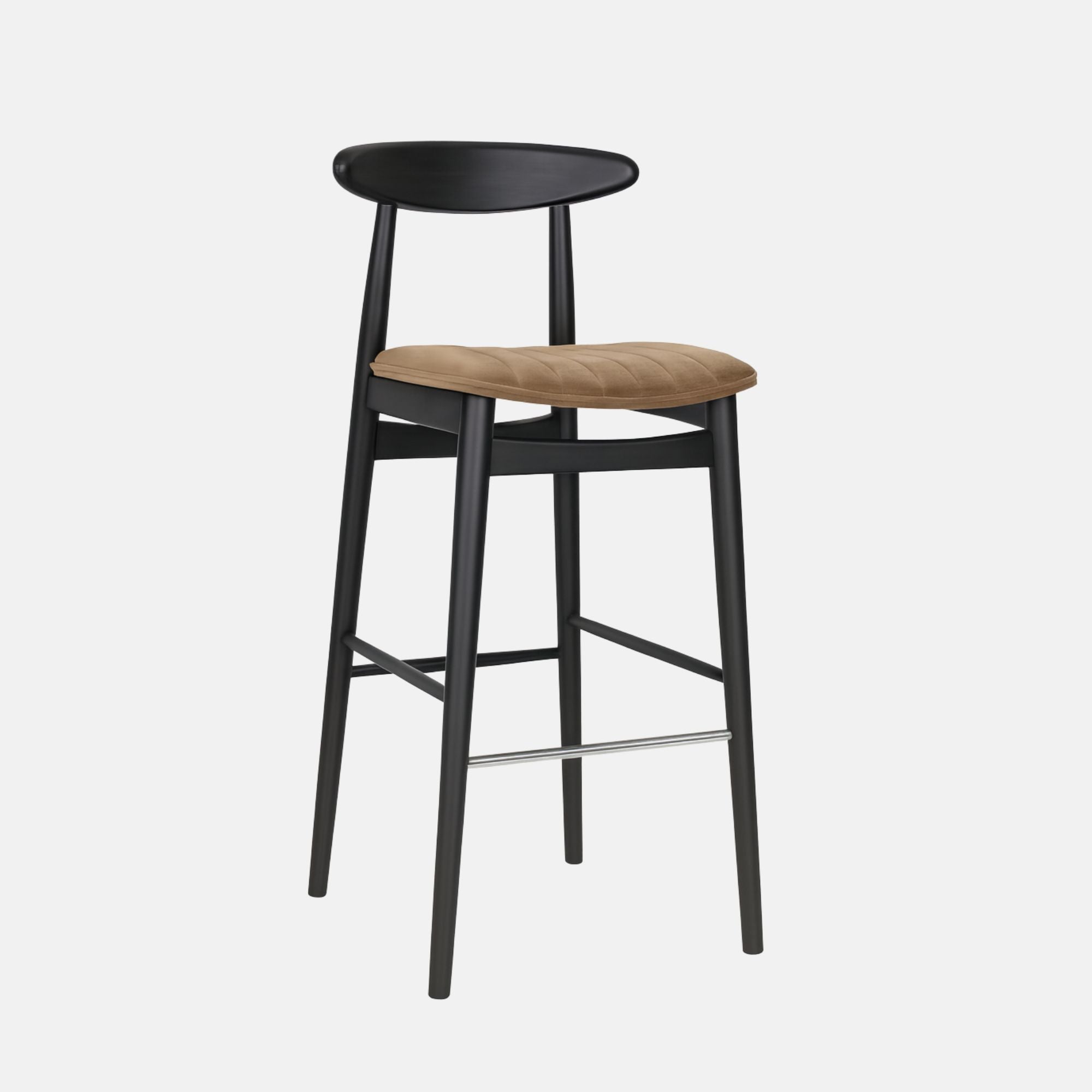 Modern bar stool with black wooden frame, curved low backrest, and tan upholstered cushioned seat with footrest.