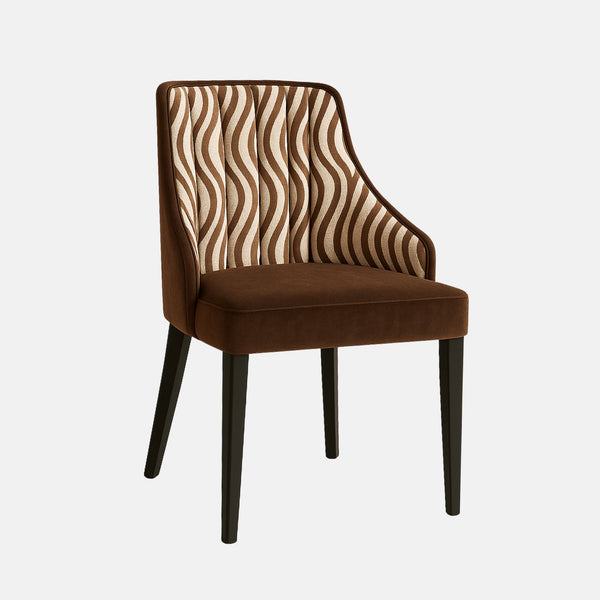 A modern accent chair with dark wooden legs, brown velvet seat, and a backrest upholstered in a beige and brown wavy patterned fabric