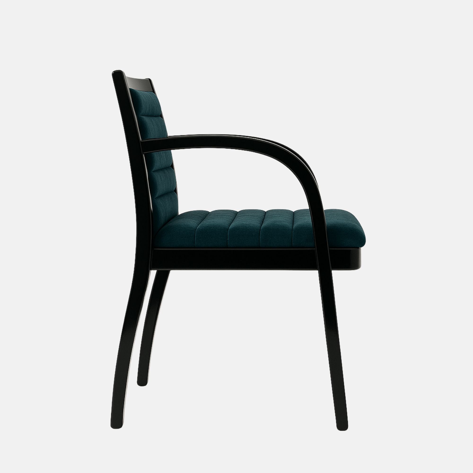 Contemporary armchair with a black wooden frame and curved armrests, upholstered in deep teal velvet with horizontal channel stitching on the seat and backrest, set against a light grey background