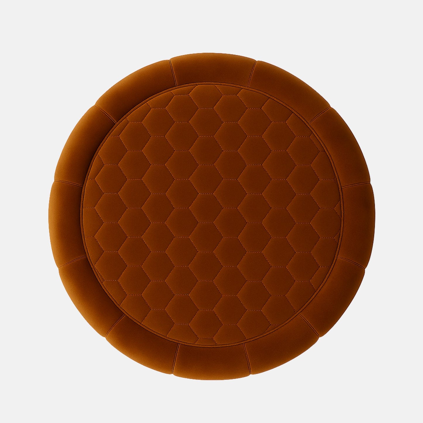 Rust velvet round ottoman with quilted top and vertical panel design on black base modern upholstered footstool or coffee table for living room or hotel lounge.
