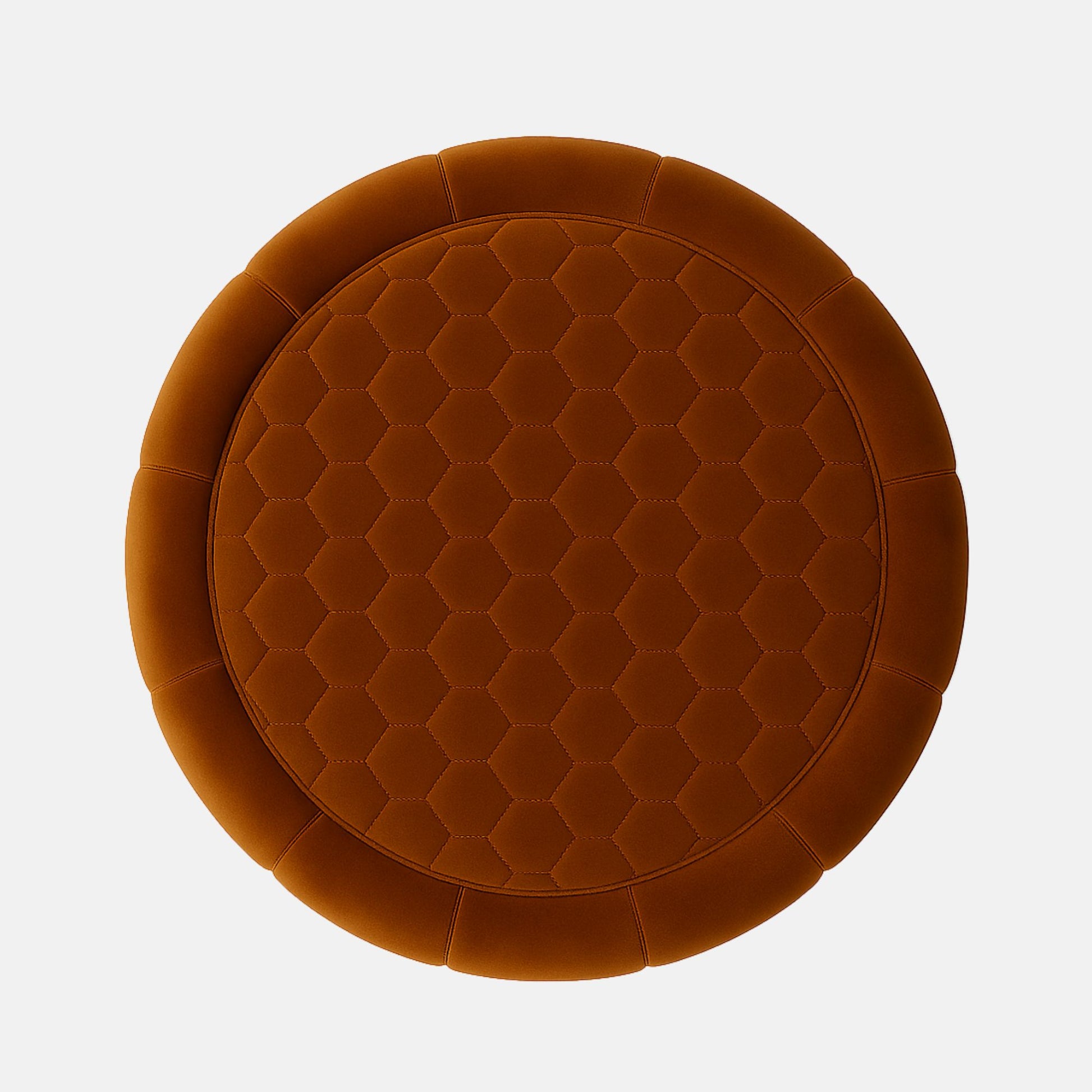 Rust velvet round ottoman with quilted top and vertical panel design on black base modern upholstered footstool or coffee table for living room or hotel lounge.