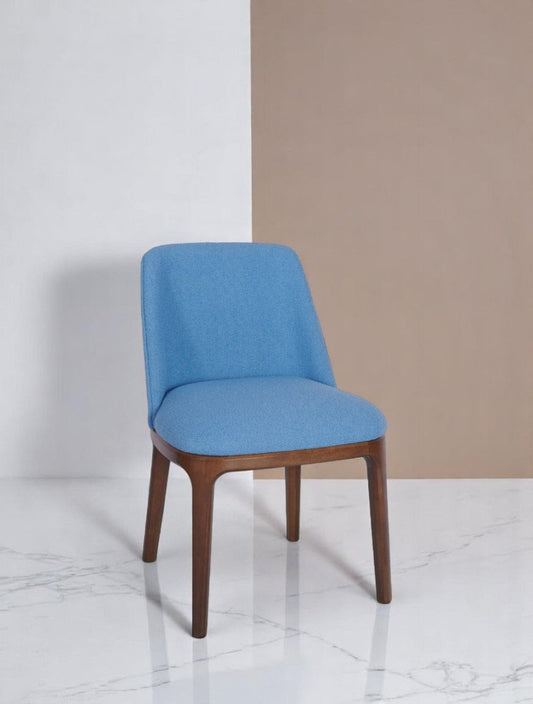 "Blue fabric side chair with profiled backrest and medium oak wood base"