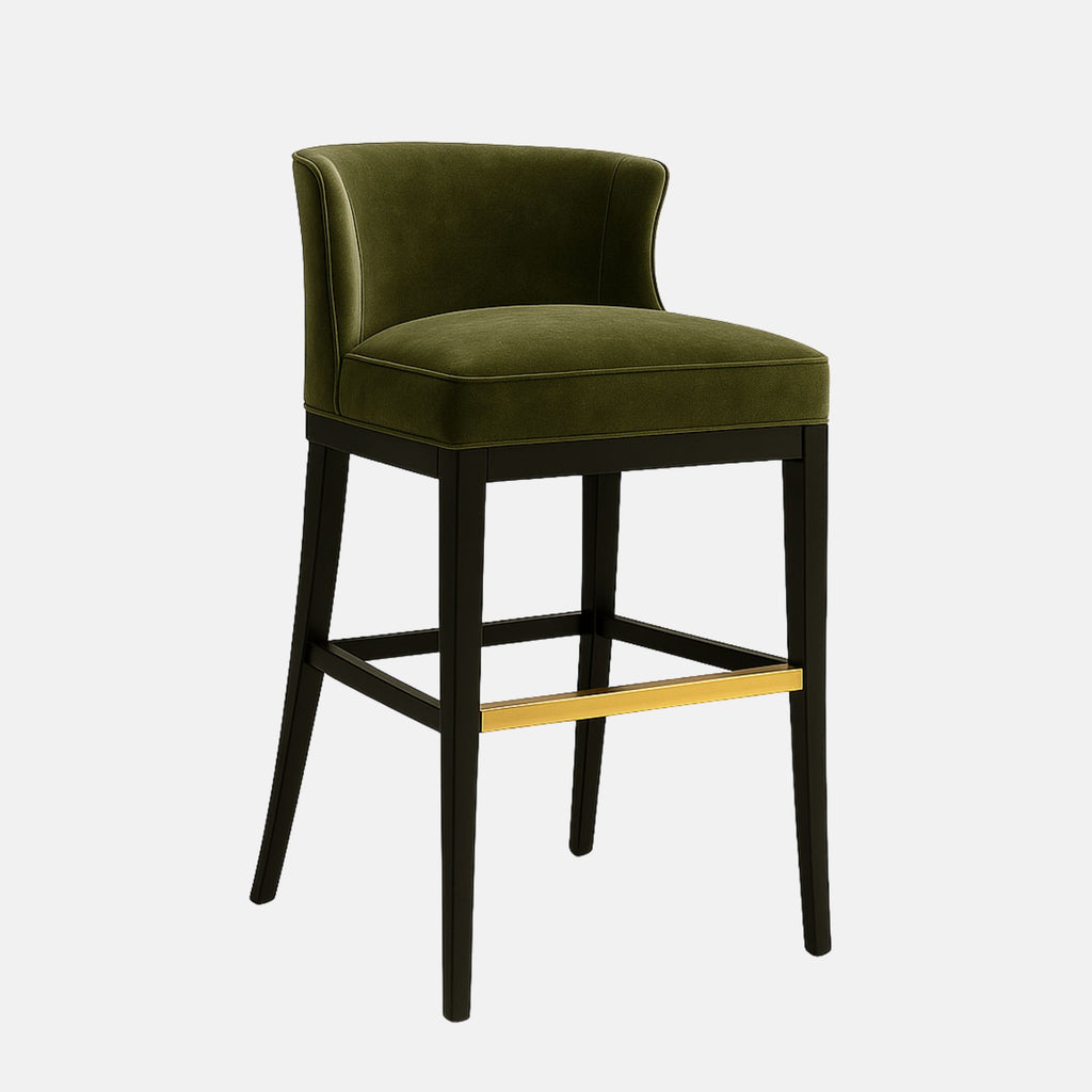 Olive green upholstered bar stool with a curved low back, black tapered legs, and a gold metal footrest.