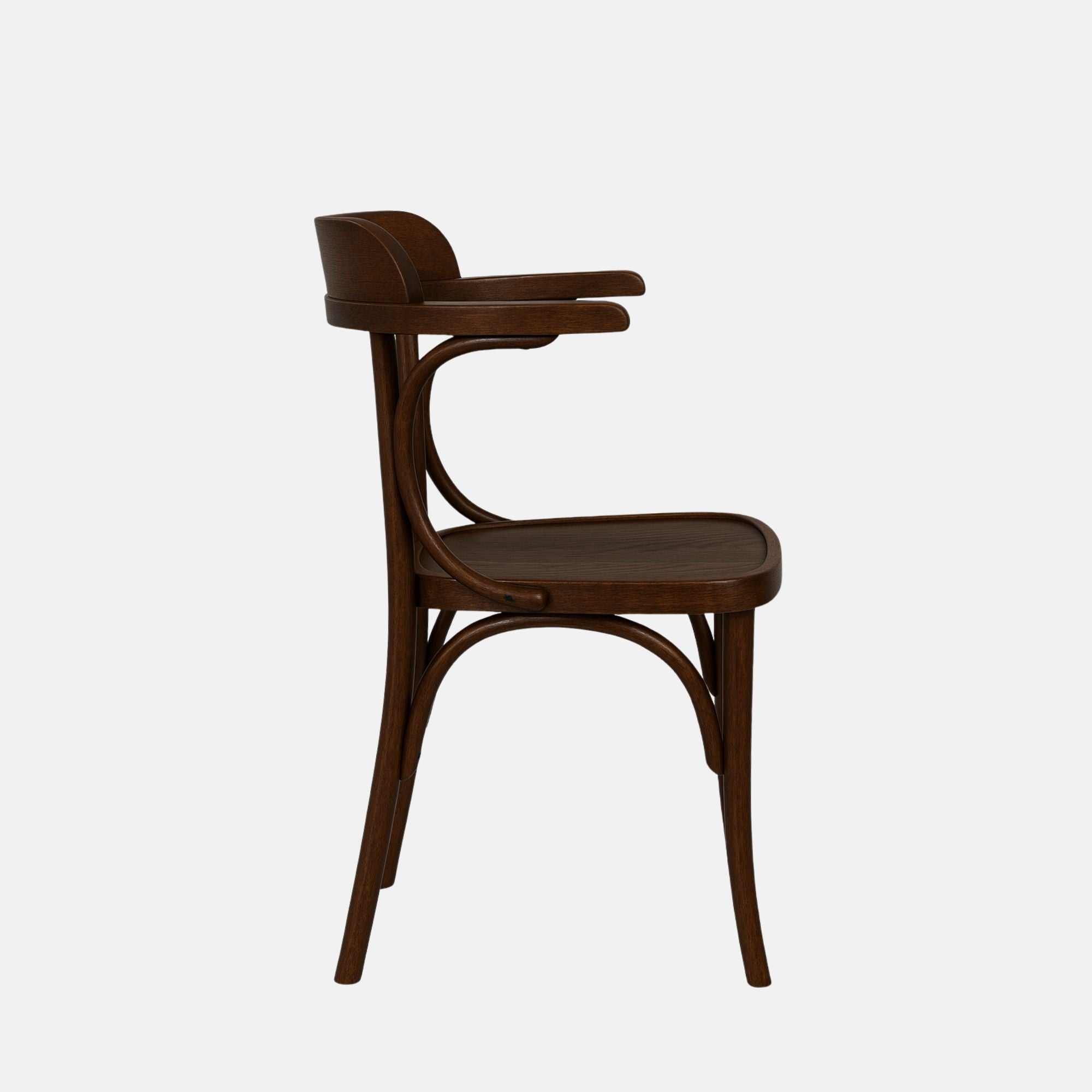 Grace Armchair – dark wooden bentwood armchair with curved open back and veneer seat, ideal for restaurants, cafés, and hotel dining spaces