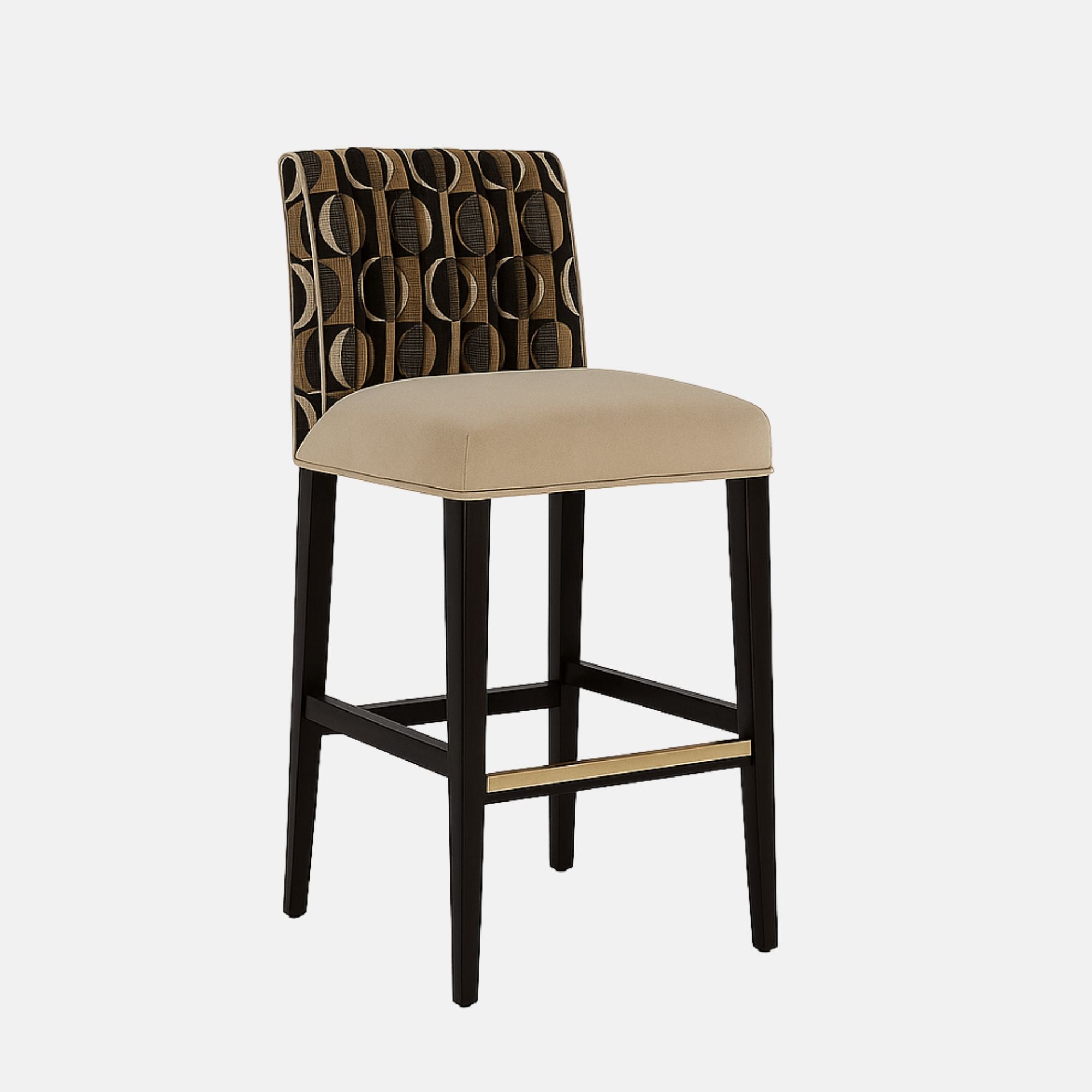 Modern bar stool with beige cushioned seat, black wooden legs with gold footrest detail, and a low rectangular backrest upholstered in a geometric black and gold circle pattern.