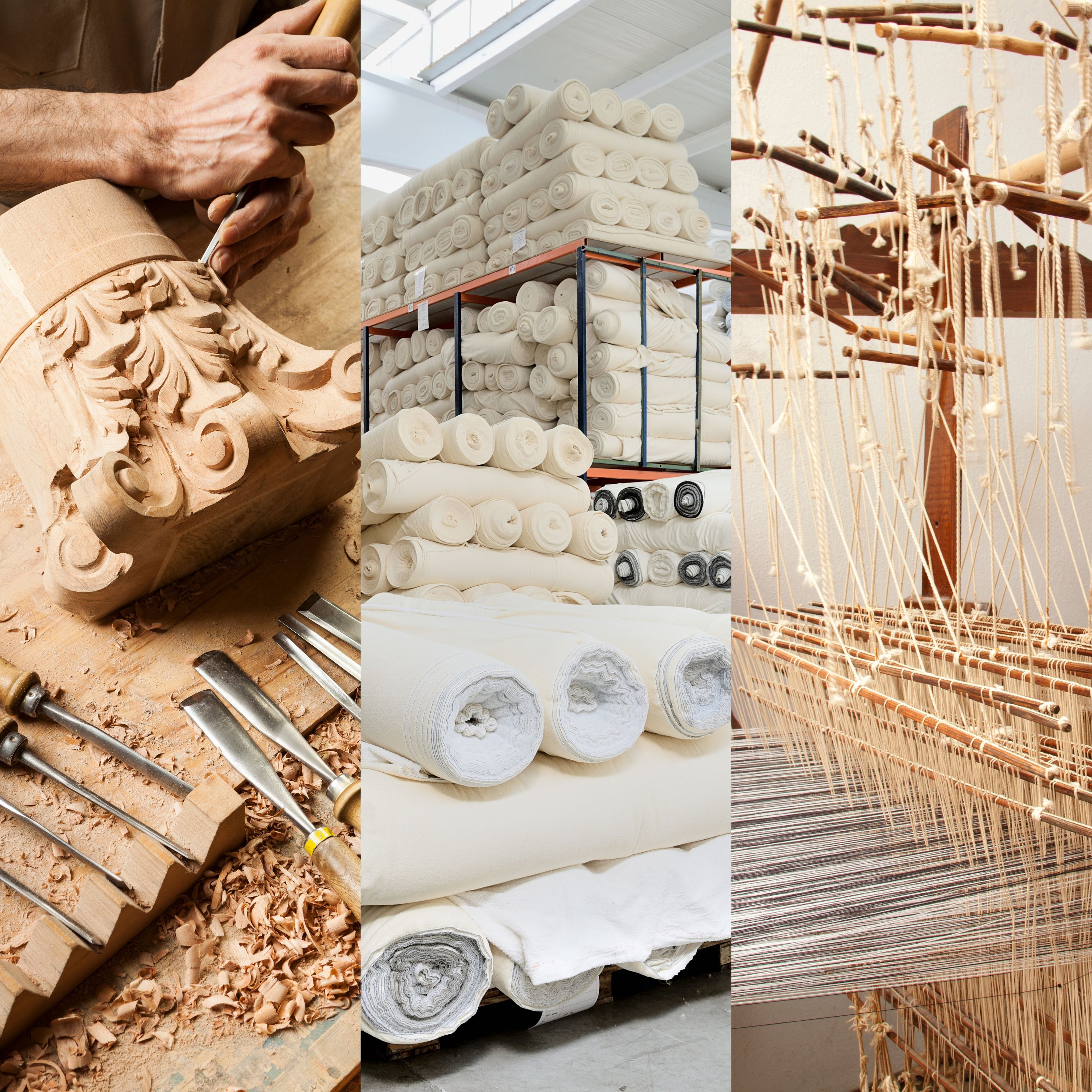 Triptych image showing traditional furniture craftsmanship: hand-carving wood with chisels, stacked rolls of natural upholstery fabric, and weaving threads on a loom.