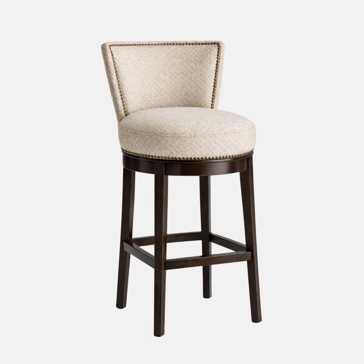 Classic bar stool with cream patterned upholstery and studded trim, featuring a dark wooden frame and footrest, ideal for bars and hospitality interiors
