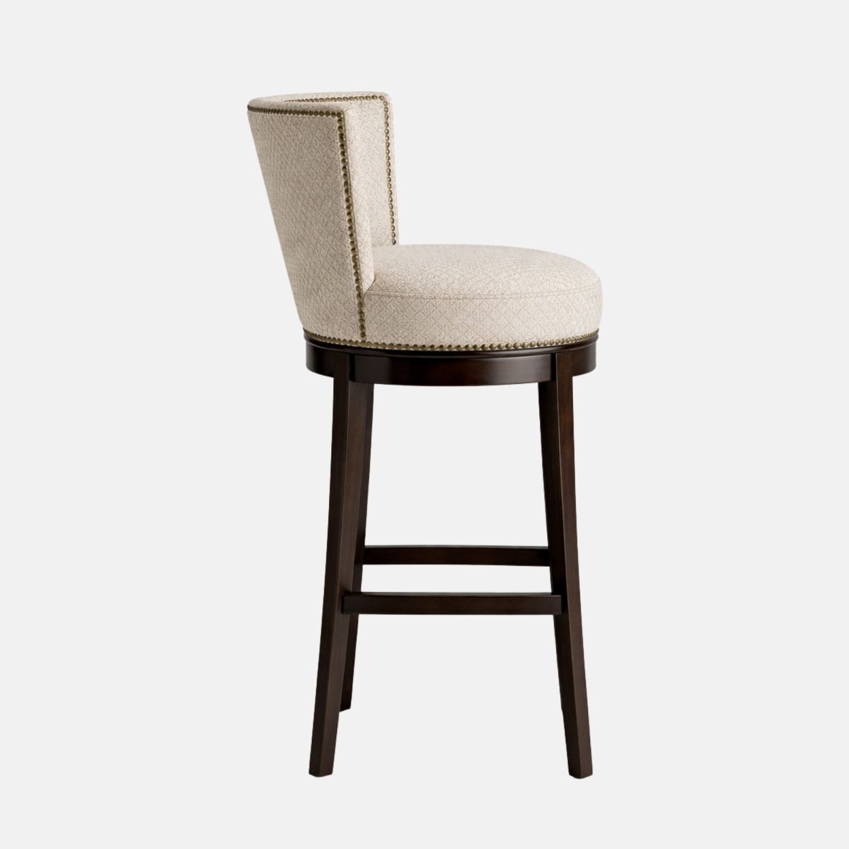 Elegant bar stool with cream patterned upholstery and studded trim, featuring dark wooden legs and footrest, ideal for bars and hospitality interiors