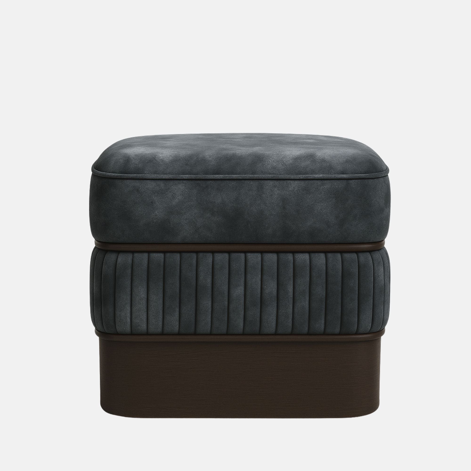 Dark grey upholstered ottoman with ribbed lower panel and smooth cushioned top on wooden base modern square footstool for living room or hotel lounge.