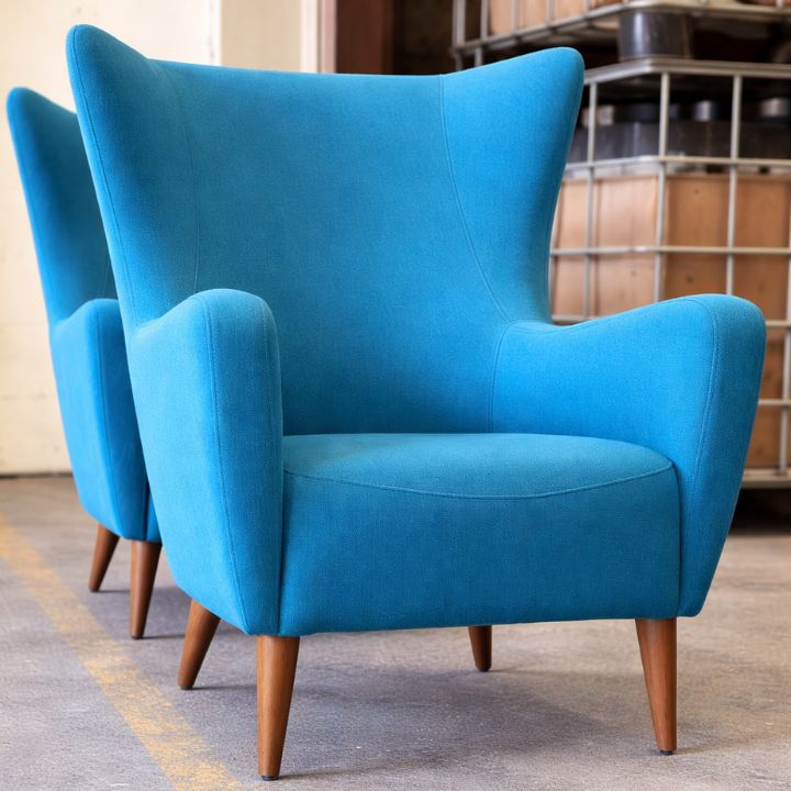 Modern wingback lounge chair in blue fabric with curved arms and wooden legs, ideal for hotels, lounges, and stylish interiors