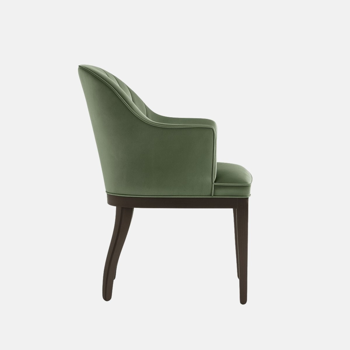 Modern armchair with green upholstered seat and backrest featuring vertical stitched panels, curved arms, and dark wooden legs.
