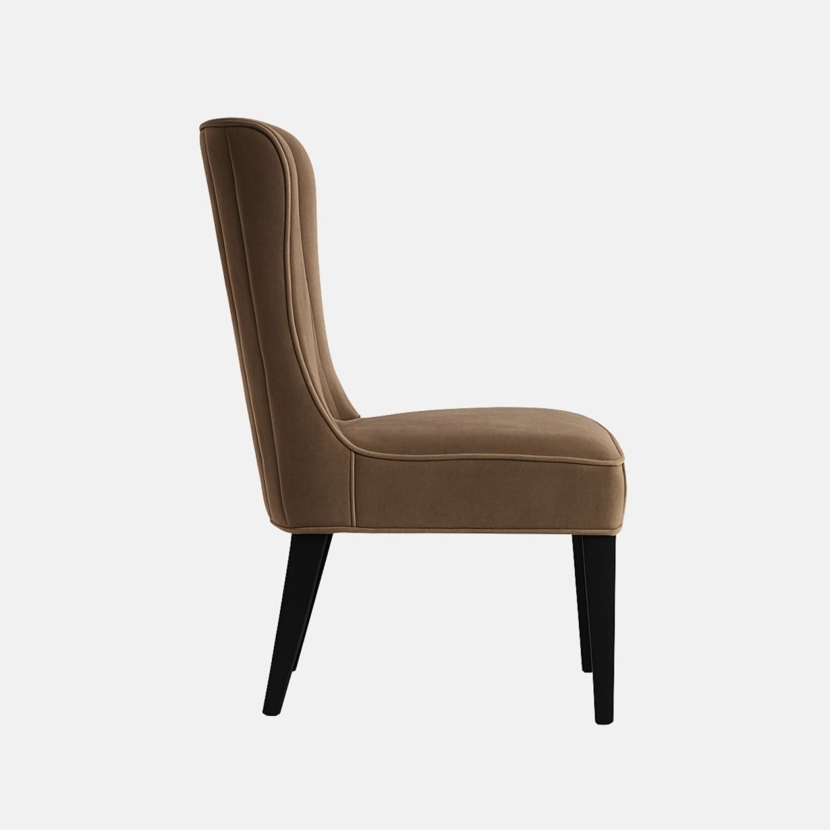 A modern taupe velvet chair with vertical fluted backrest, piped edges, and black wooden legs, shown from the front angle.